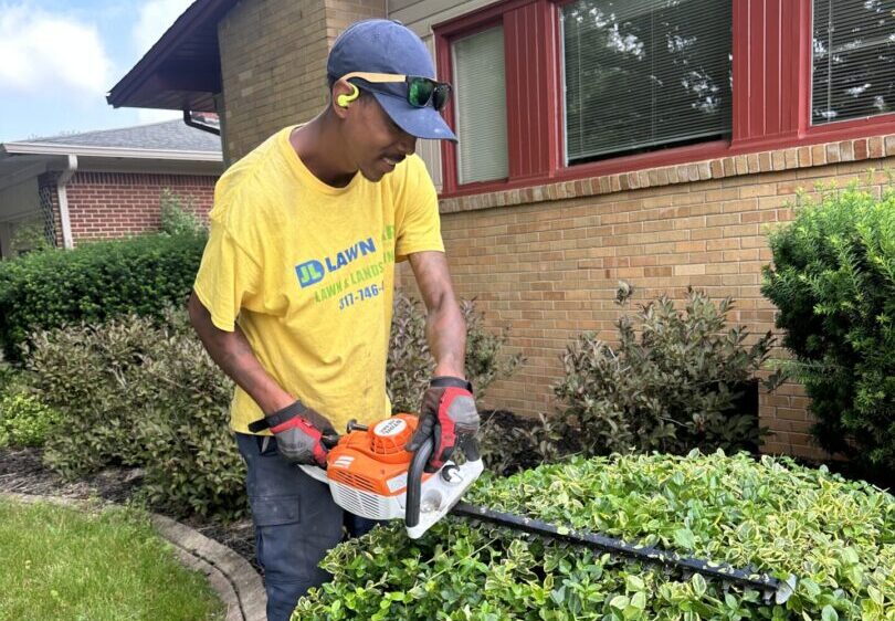 Lawn care worker trimming hedges beside house
